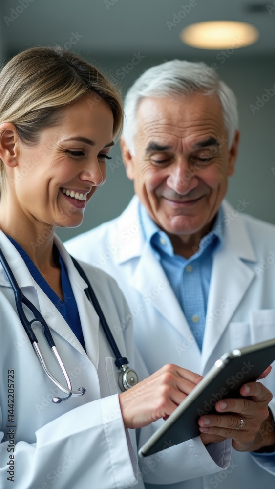 A cheerful female doctor and a senior patient engage in a discussion while looking at a tablet screen. They both wear white coats, smiling in a well-lit medical office.