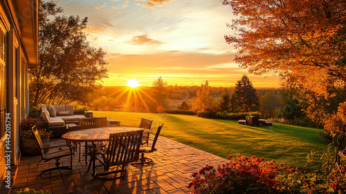 Autumn sunset over patio with furniture, overlooking vibrant landscape