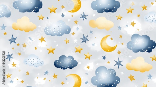 Soft, dreamy design for baby nursery, fabric, wrapping paper, wallpaper, or kids room decoration with sky and celestial theme.