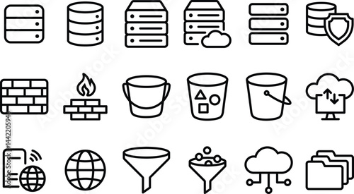 IT architecture diagram icon sheet, featuring various tech symbols like databases, buckets, servers, and cloud elements.