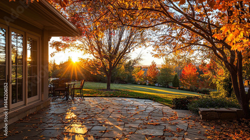 Autumn sunset illuminates patio,  leaves scattered on stone,  trees ablaze with color