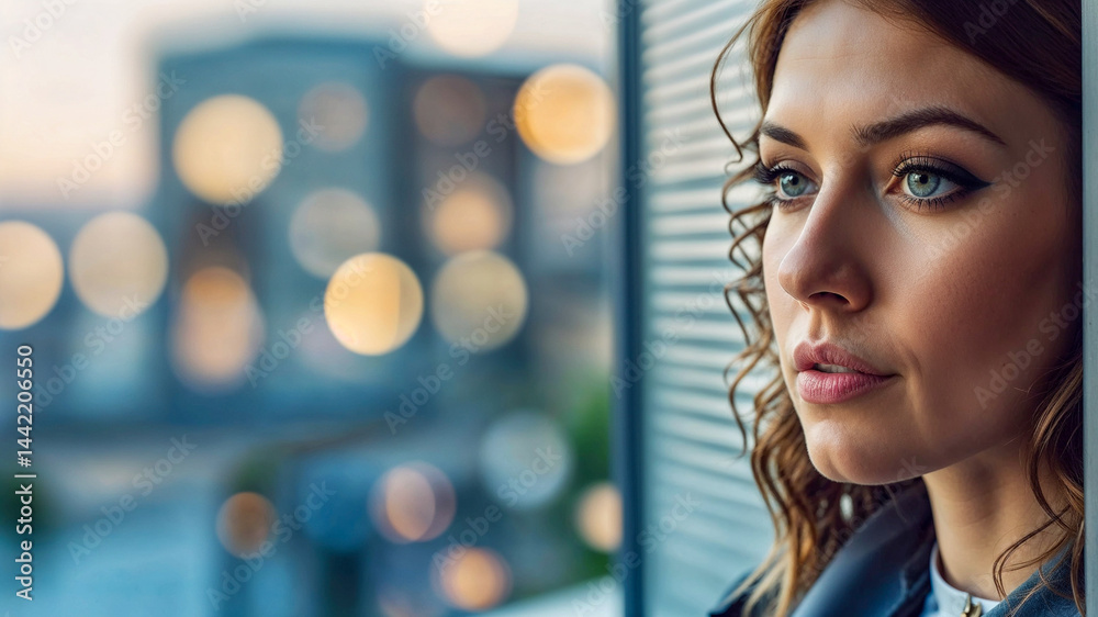 Obraz premium Businesswoman. Thoughtful woman gazing out a window against a city backdrop. 