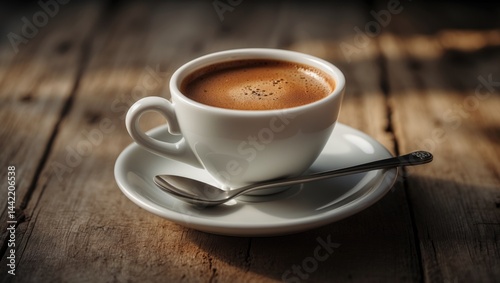 Espresso in a cup placed on a white plate with a spoon on a wooden tabletop