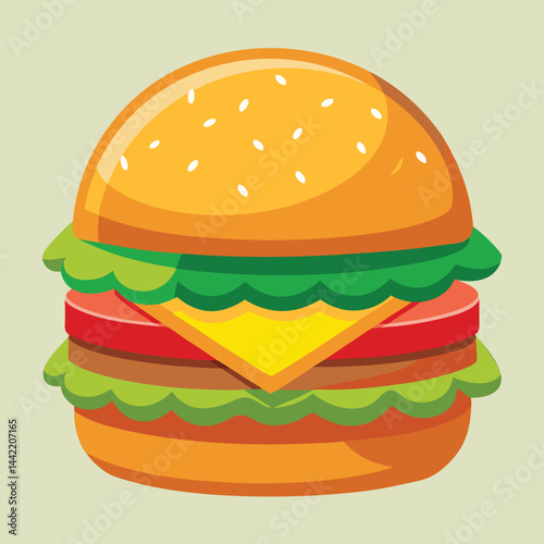 Cartoon Burger Vector Art and Tasty Cheeseburger Clipart with Lettuce, Cheese, and Tomato