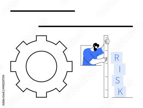 Gear representing system and innovation beside person measuring tower of blocks spelling RISK. Ideal for business strategy, assessment, decision-making, project management, growth focus, education