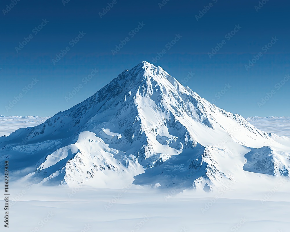 Closeup of Mount Fujis snowy peak against a deep blue sky realistic photo ultra sharp details
