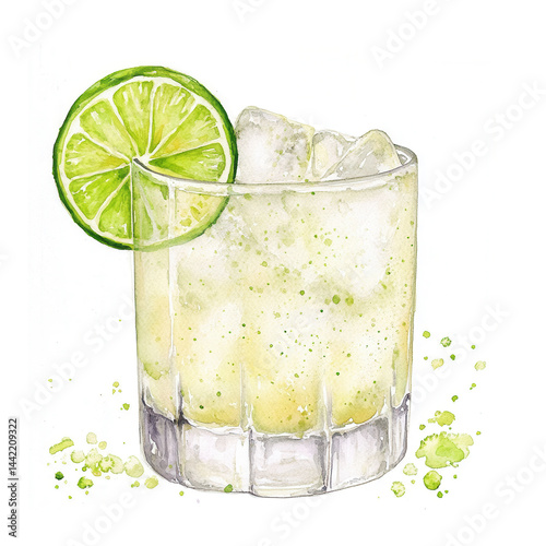 Tommy's Margarita cocktail with lime wheel and ice cubes in a clear lowball glass. Watercolor illustration isolated on white background. Tequila-based summer drink. Mexican cocktail concept 