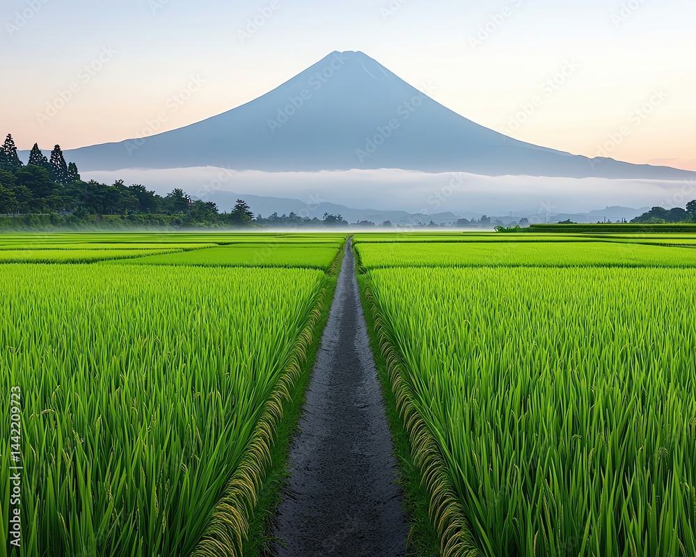 Fototapeta premium Mount Fuji shrouded in delicate morning mist over lush green rice fields realistic photo natural beauty