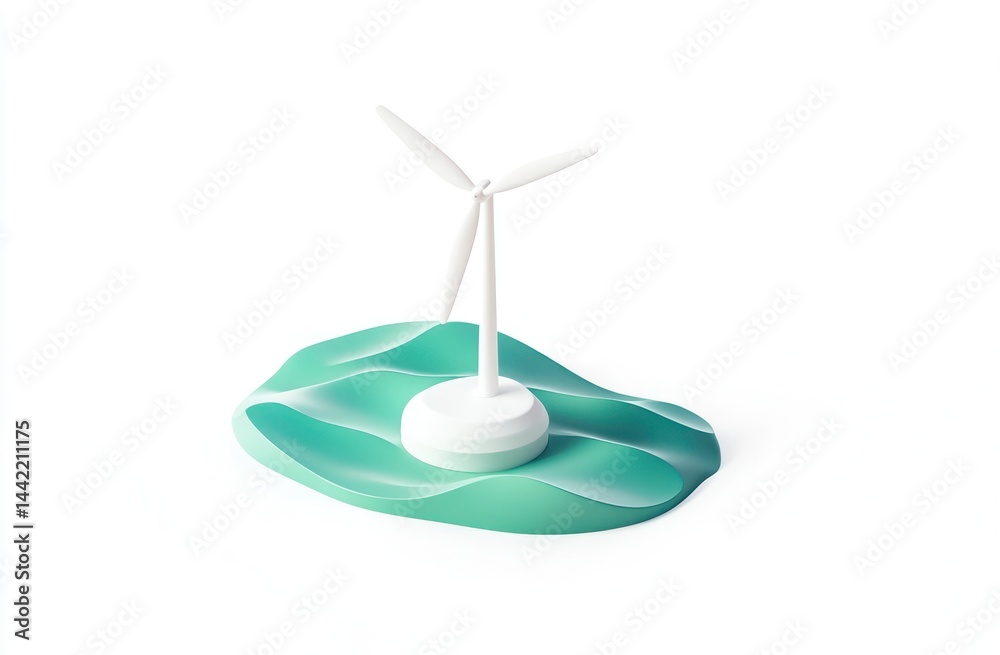 3D Wind Turbine on a Teal Island, Isolated Background, Environmental Concept, Educational 3D Wind Turbine on a Teal Island, Isolated Background, Environmental Concept, Educational