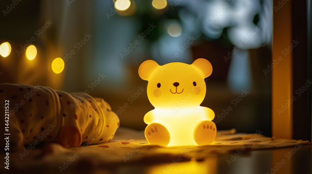 Soft Glow of Bear Lamp in Nursery with Sleeping Baby in Background