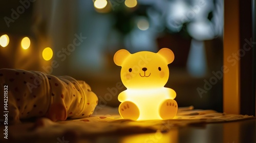 Obraz na płótnie Soft Glow of Bear Lamp in Nursery with Sleeping Baby in Background w salonie