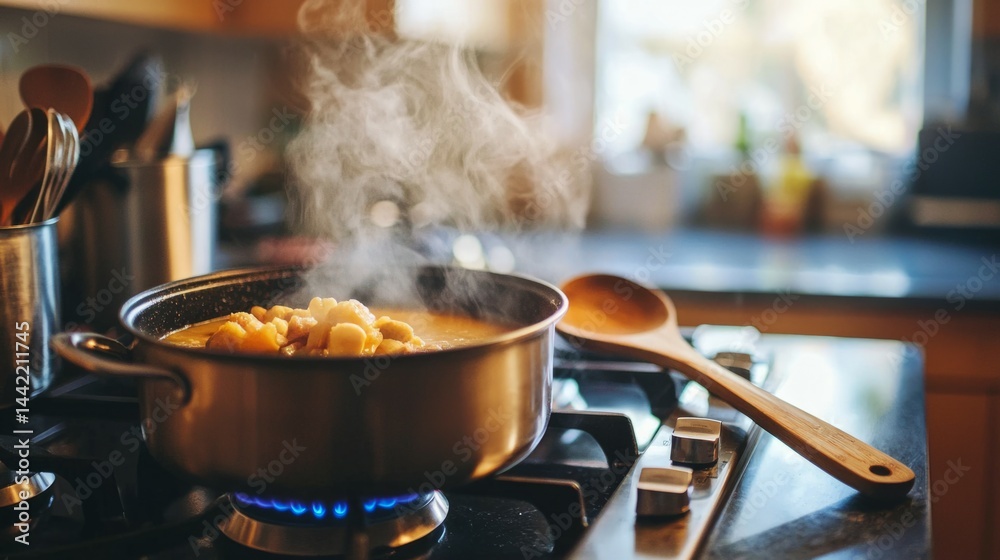 Cozy Cooking Scene with Steaming Pot on Stove in Bright Kitchen