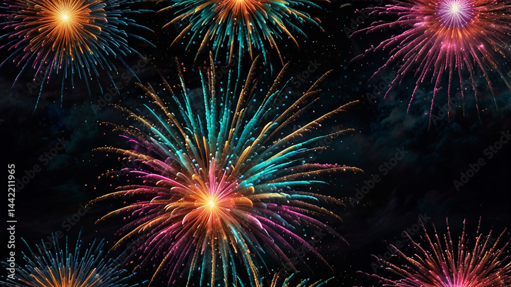 Fototapeta premium Fireworks in a night sky with a black background 