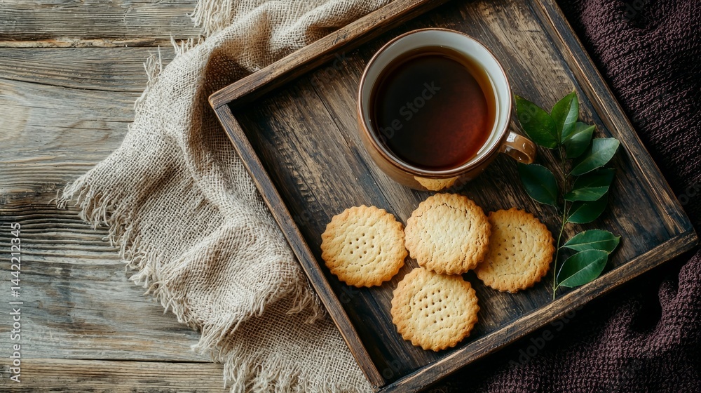 Warm Drink and Cookies on Rustic Wooden Table with Textiles