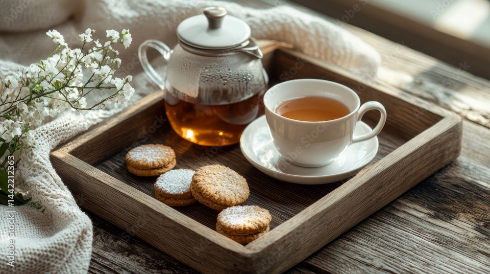 Cozy Tea Time with Herbal Teapot, Cup, and Sweet Biscuits on a Tray