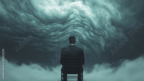 A man is sitting in a chair in front of a storm