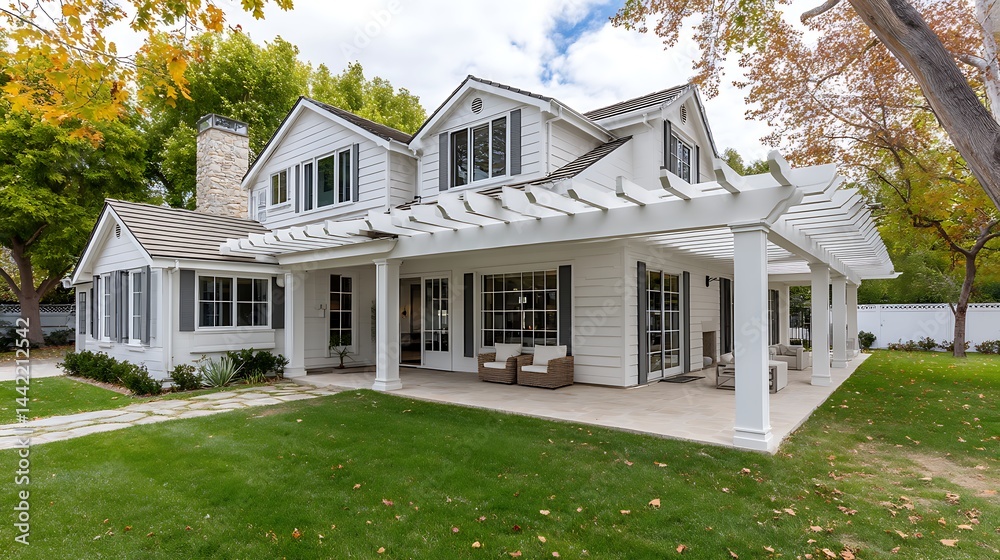 Obraz premium Luxury White Suburban Home Exterior with Pergola Patio and Lush Lawn