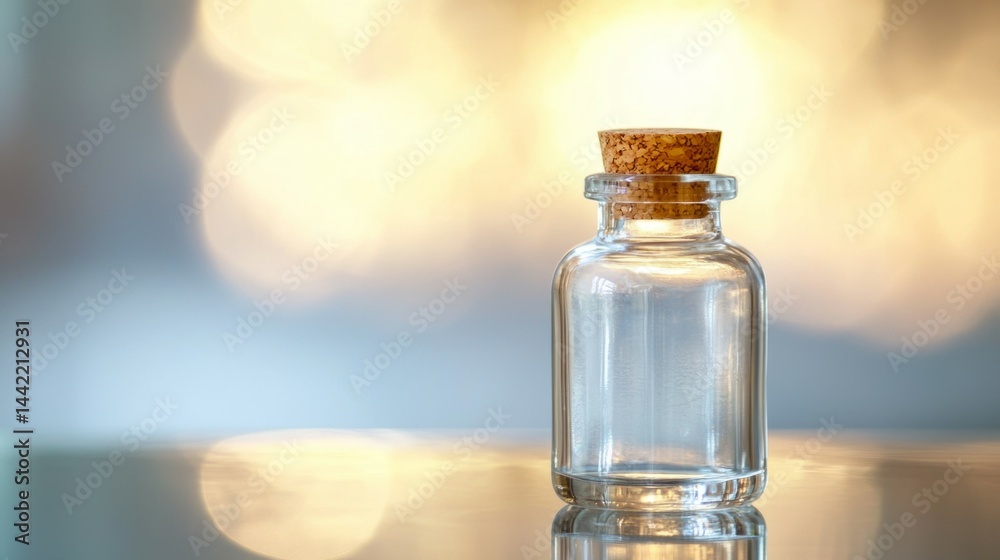 Empty Glass Bottle with Cork Lid and Soft Blurred Background