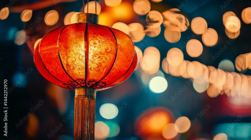 Vibrant Red Lantern Illuminated Against a Bokeh Background Night