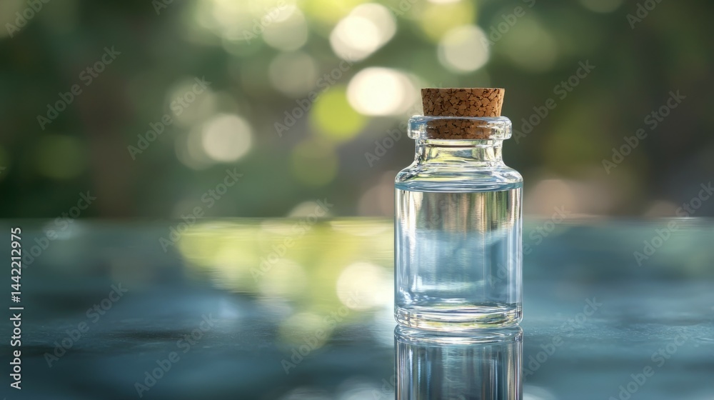Clear Glass Bottle with Cork Lid and Reflections on Surface