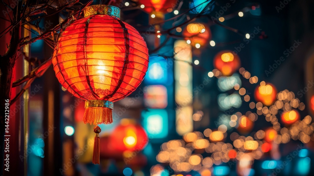 Bright Red Lanterns Decorate Night Streets in Asian Festival Scene