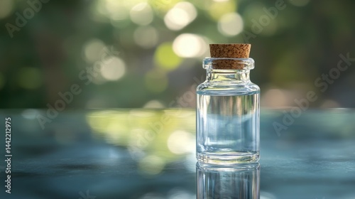 Obraz na płótnie Clear Glass Bottle with Cork Lid and Reflections on Surface w salonie
