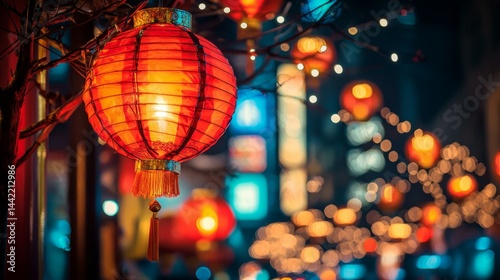 Obraz na płótnie Bright Red Lanterns Decorate Night Streets in Asian Festival Scene w salonie