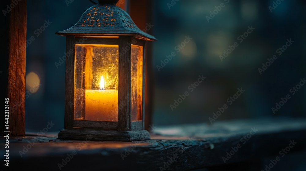 Warm Candlelight Lantern Glowing at Dusk on a Wooden Surface