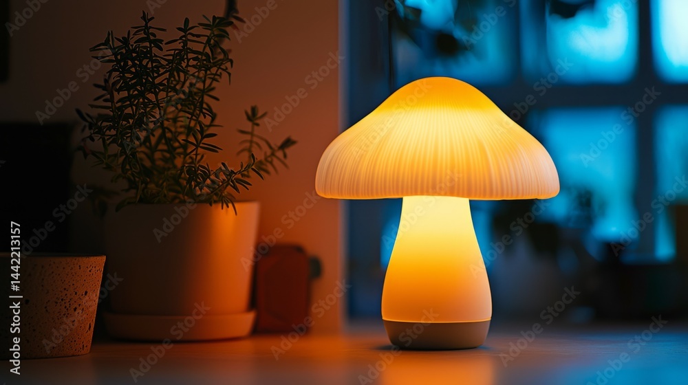 Soft Glow of Contemporary Mushroom-Shaped Table Lamp at Night