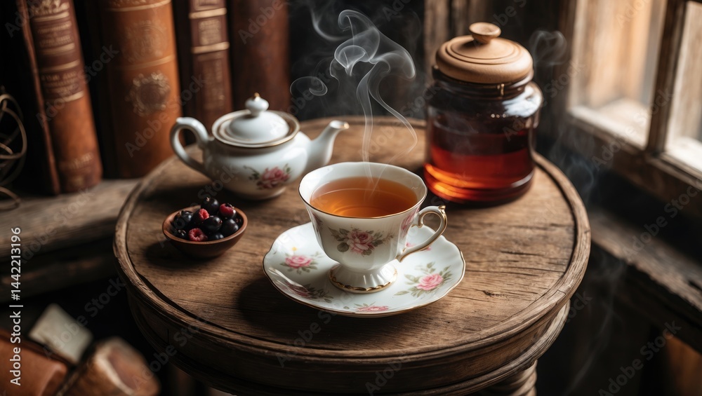 Fototapeta premium Tea and sweetness - sugar cones, teapot, and antique books resting on a wooden background, notion of a snug teatime, leisure reading