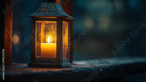 Obraz na płótnie Warm Candlelight Lantern Glowing at Dusk on a Wooden Surface w salonie