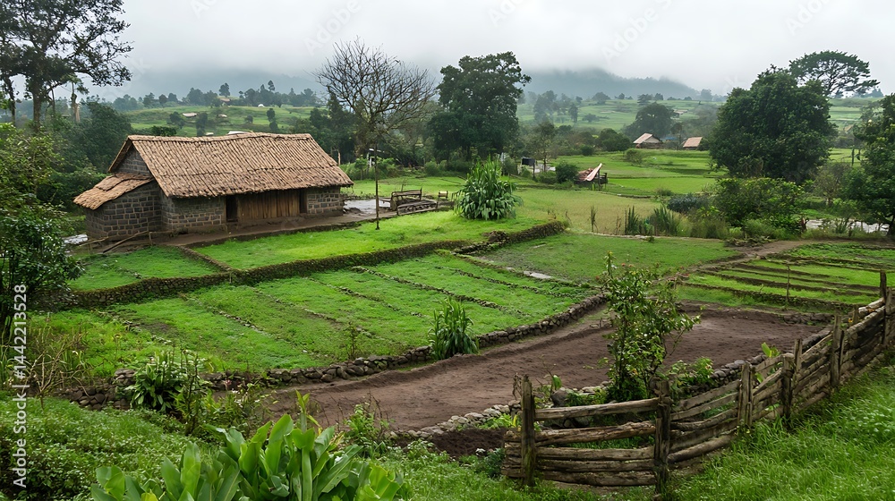 Serene Rural Landscape: Stone House and Lush Green Fields Serene Rural Landscape: Stone House and Lush Green Fields