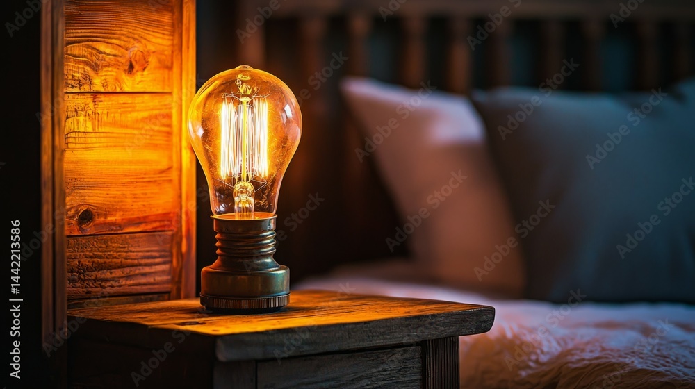 Vintage Table Lamp Illuminating Cozy Bedroom Atmosphere at Night