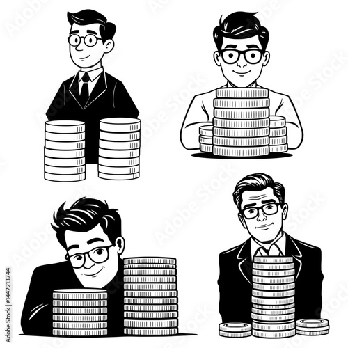 Businessman with a stack of coins, vector illustration set