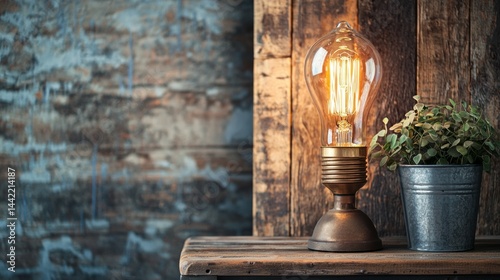 Obraz na płótnie Vintage Style Table Lamp with Warm Glow and Green Plant Detail w salonie
