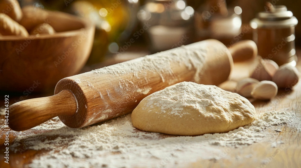 Rolling Pin and Dough with Flour on Rustic Wooden Table Scene