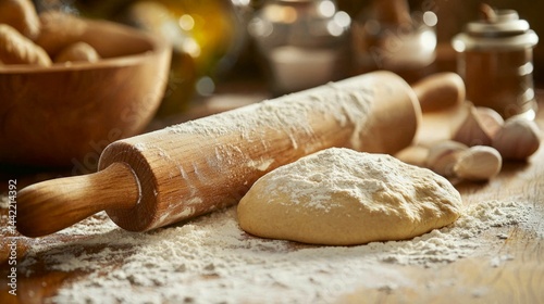 Obraz na płótnie Rolling Pin and Dough with Flour on Rustic Wooden Table Scene w salonie
