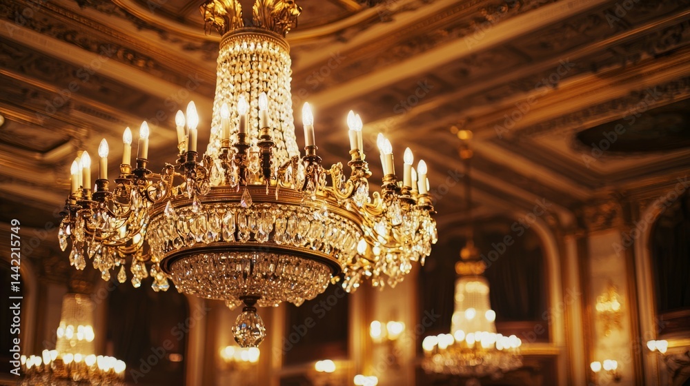 Elegant Crystal Chandelier with Golden Fixtures in Luxurious Room