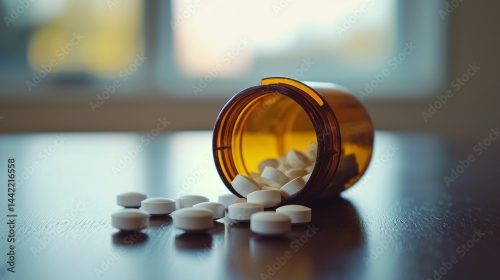 Spilled White Pills from an Amber Prescription Bottle on a Table