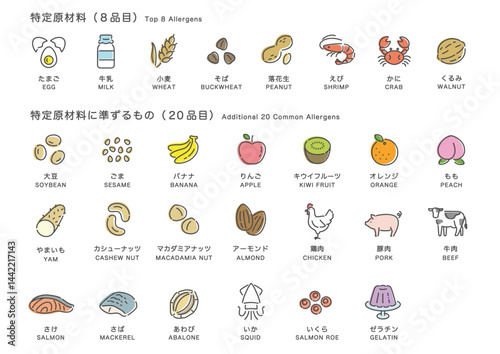食品アレルゲン表示アイコンセット_カラーイラスト（日本語＋英語）