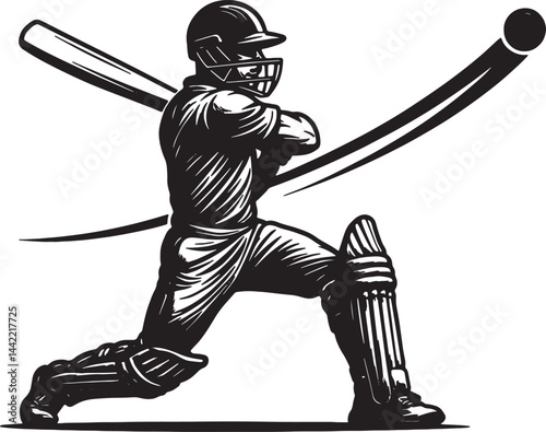  Black and white vector of a cricket player in full gear, captured mid-shot with extended bat and flying ball. Bold lines, sharp shape, isolated on white background.