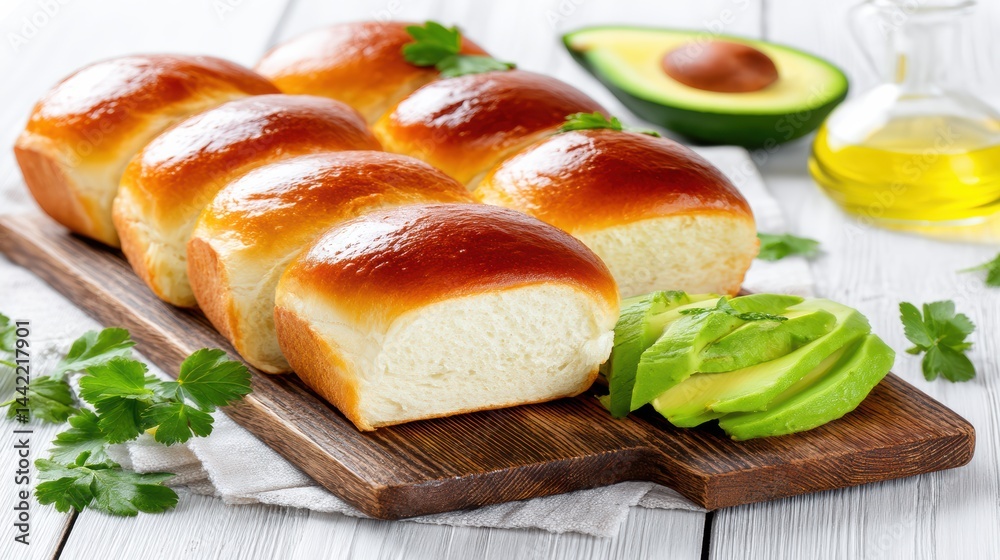 Freshly baked brioche bread with sliced avocado, parsley, and olive oil on a wooden board. Freshly baked brioche bread with sliced avocado, parsley, and olive oil on a wooden board.