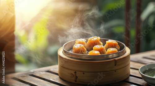 Freshly Steamed Dumplings in Bamboo Basket on Wooden Table Outdoors