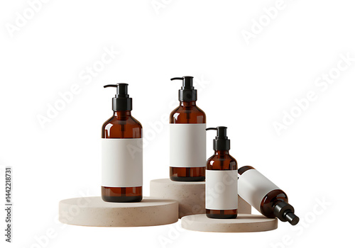 Amber glass bottles with pump dispenser mockup for liquid soap shampoo lotion and cosmetic product display on transparent background