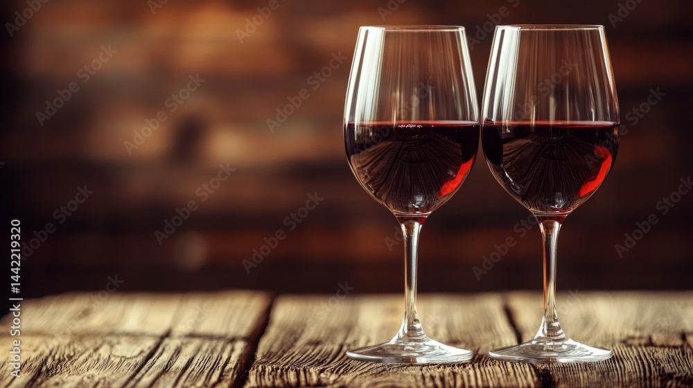 Elegant Red Wine Glasses on Rustic Wooden Table Background