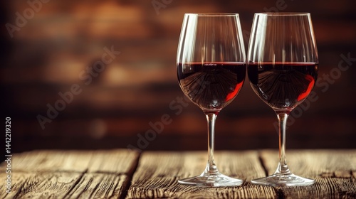 Obraz na płótnie Elegant Red Wine Glasses on Rustic Wooden Table Background w salonie