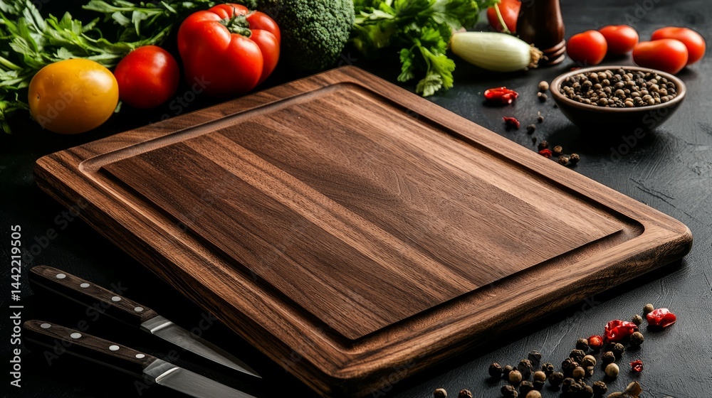 Fresh Ingredients on Wooden Cutting Board with Kitchen Tools