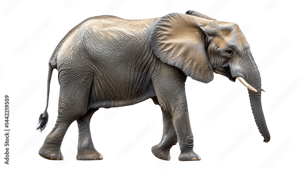 Fototapeta premium Majestic African elephant gracefully walking, displaying intricate skin texture and ivory tusks; side view, full body shot on a transparent background, PNG image, PNG file.