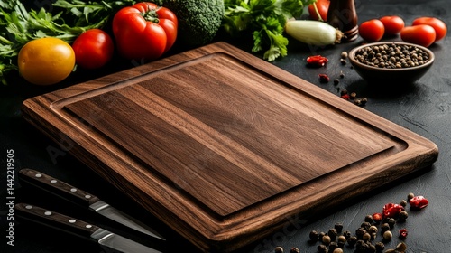Fresh Ingredients on Wooden Cutting Board with Kitchen Tools
