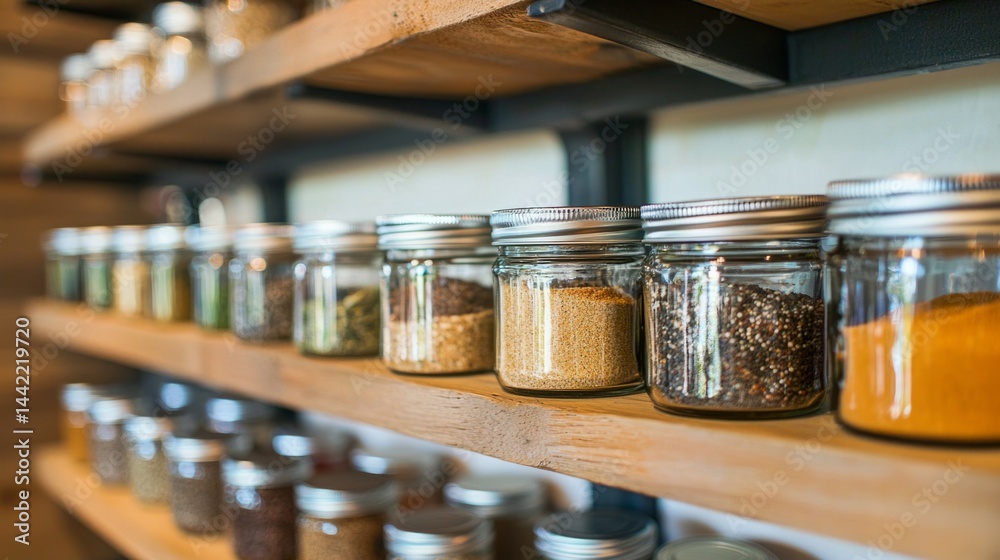 Organized Spices and Herbs in Glass Jars on Wooden Shelves